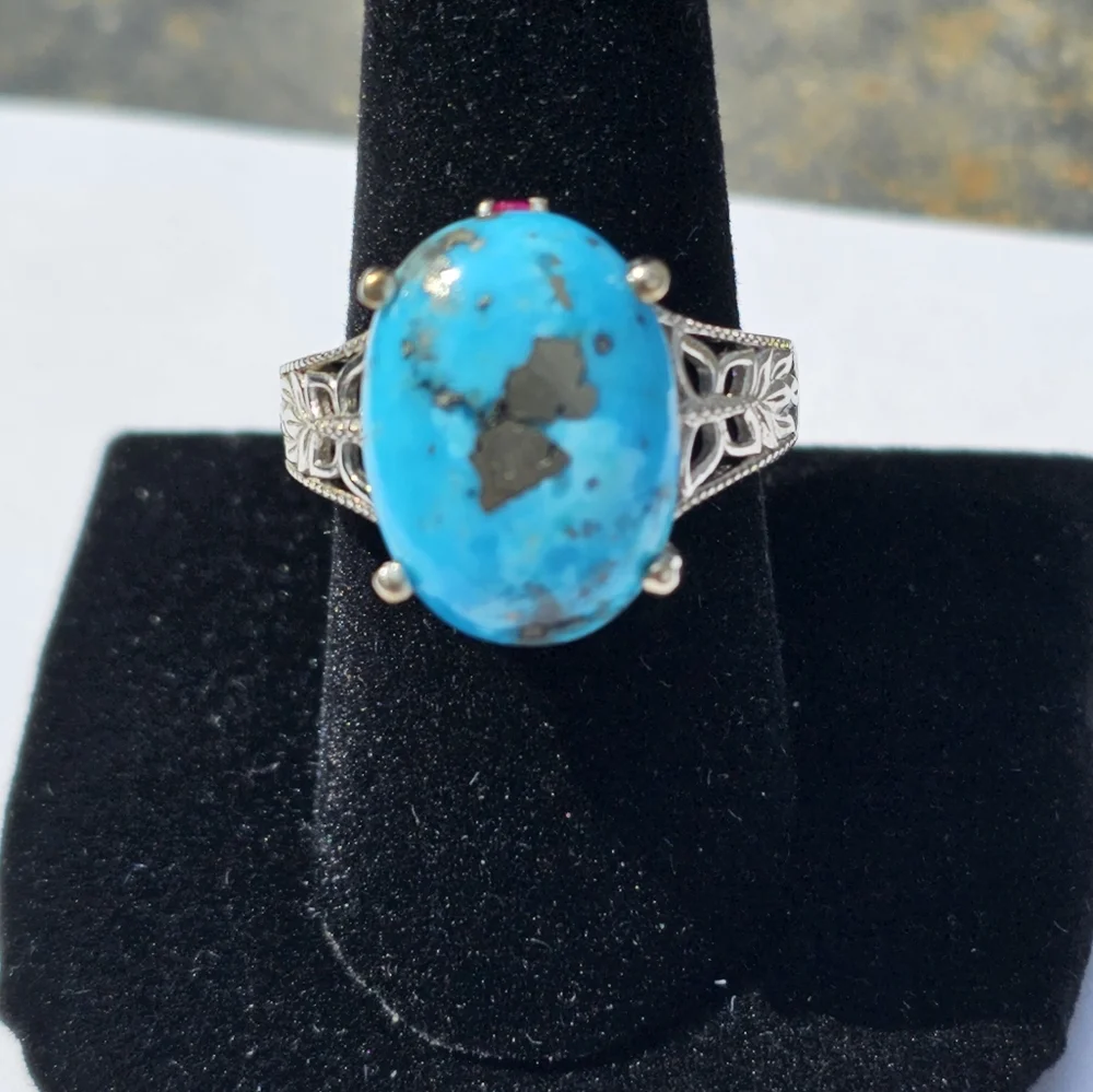 Genuine Turquoise w/Pyrite & Ruby Platinum/925 🦋 Size 9! - Picture 2 of 8